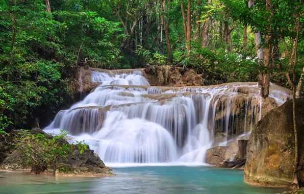 Зелень, лес, деревья, ручей, камни, водопад, Таиланд, Kanchanaburi
