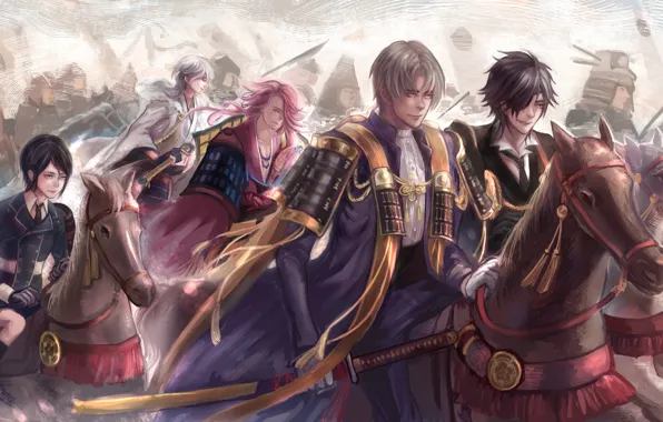 Аниме, арт, парни, самураи, Touken Ranbu, Танец мечей