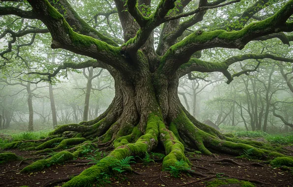 Лес, туман, дерево, обои, мох, весна, wallpaper, forest