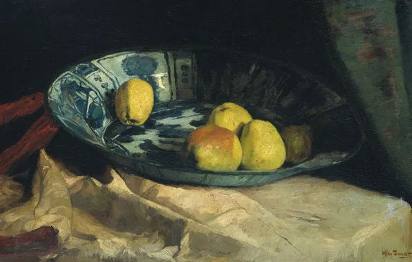 Масло, картина, холст, 1890, Виллем де Зварт, Willem de Zwart, Натюрморт с яблоками на делфтской …