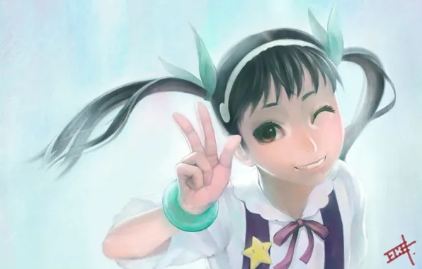 Улыбка, арт, девочка, браслет, школьная форма, bakemonogatari, подмигивает, gamerag