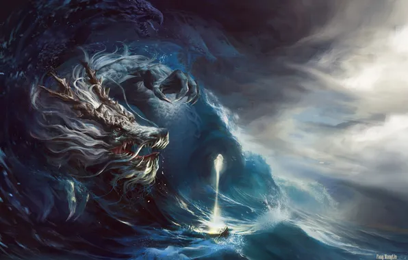 Картинка море, волны, шторм, магия, лодка, дракон, арт, существа