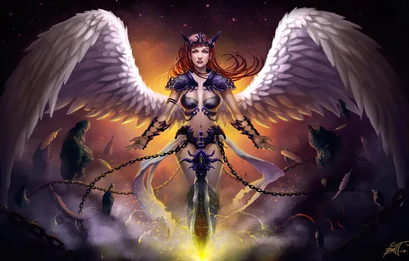 Картинка взгляд, девушка, оружие, фантастика, крылья, ангел, меч, арт