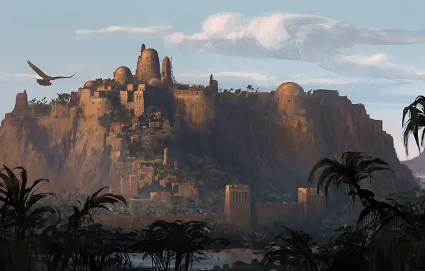 Город, орел, здание, вечер, крепость, египет, Assassin's Creed Origins