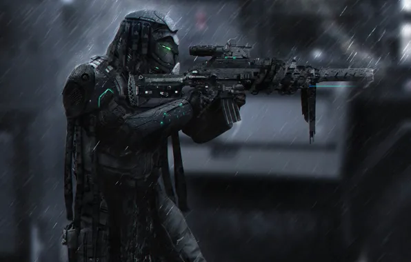 Робот, Дождь, Солдат, Оружие, Gun, Robot, Снайпер, Future