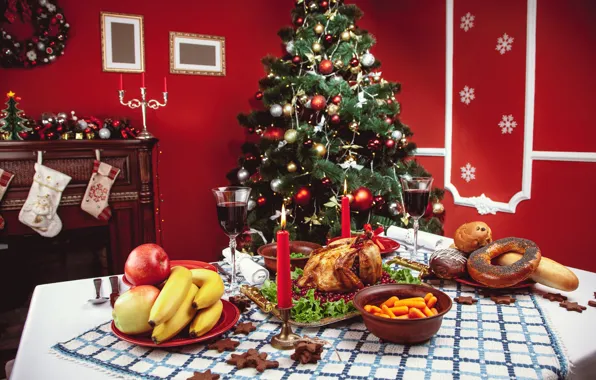 Картинка праздник, игрушки, елка, новый год, декор, праздничный стол