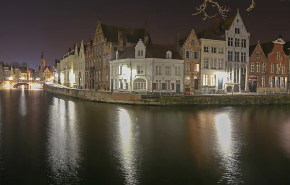 Картинка небо, ночь, мост, огни, отражение, дома, канал, Бельгия
