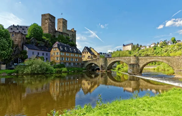 Картинка мост, река, замок, дома, Германия, Runkel