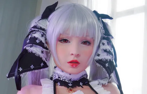 Girl, beautiful, red eyes, short hair, pretty, face, cosplay, attractive