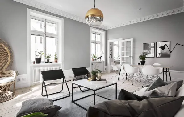 Интерьер, гостиная, столовая, скандинавский стиль, Apartment in Stockholm