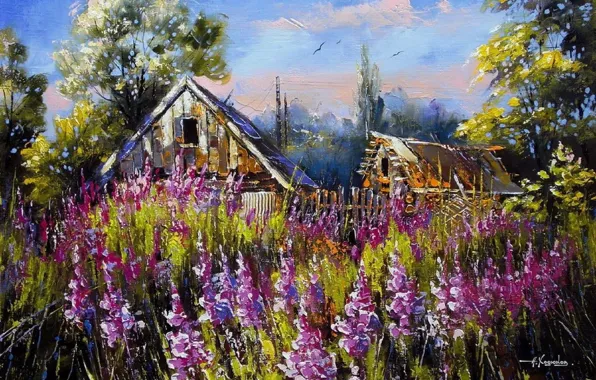 Картинка лето, трава, пейзаж, цветы, природа, картина, деревня, живопись