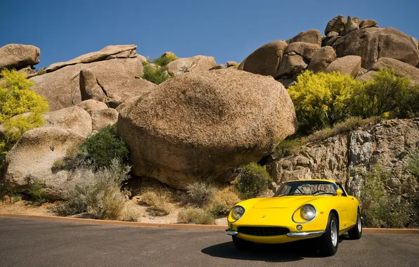 Картинка машина, небо, деревья, камни, скалы, Ferrari, желтая, 275 GTB