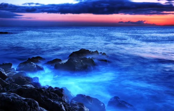 Море, небо, облака, закат, камни, скалы