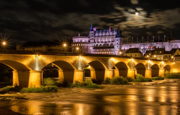 Ночь, мост, город, река, замок, Франция, освещение, Луара