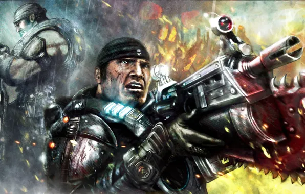 Обои Лицо, Арт, Солдат, Автомат, Пила, Marcus Fenix, Gears Of Wars.