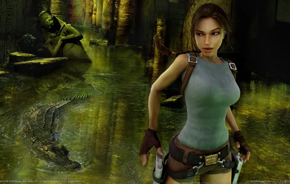 Картинка оружие, Лара Крофт, крокодил, game wallpapers, статуи, guns, руины, Расхитительница гробниц, Lara Croft Tomb Raider: …