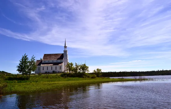 Картинка лес, река, часовня