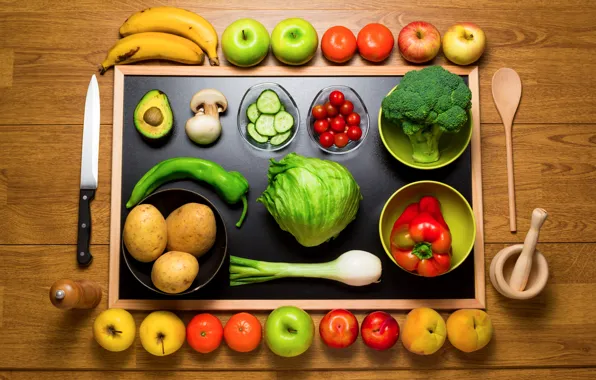 Картинка яблоки, грибы, лук, ложка, нож, бананы, перец, фрукты