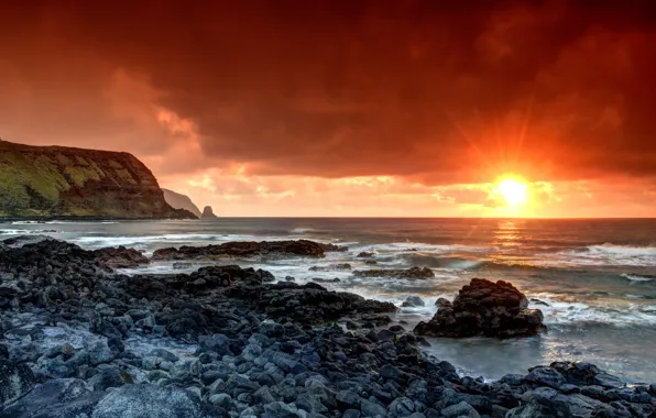 Камни, океан, рассвет, остров Пасхи, polynesia, easter island, Valparaiso Region