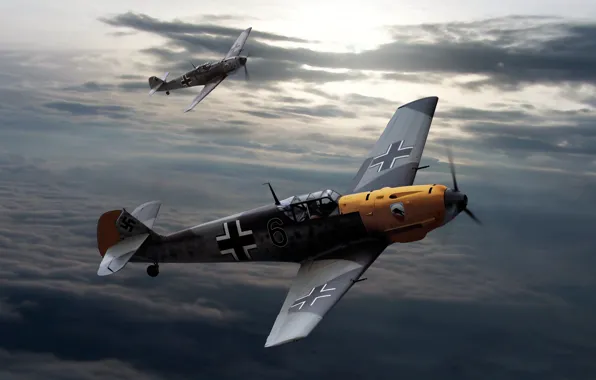 Картинка небо, облака, рисунок, Messerschmitt, самолёты, Вторая мировая война, Bf.109, Мессершмитты