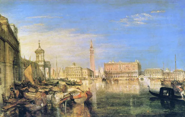 Море, башня, дома, картина, лодки, Венеция, городской пейзаж, колокольня