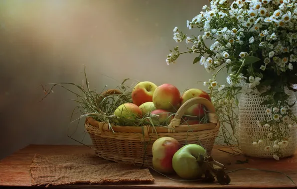 Лето, цветы, яблоки, август, натюрморт, яблочный спас