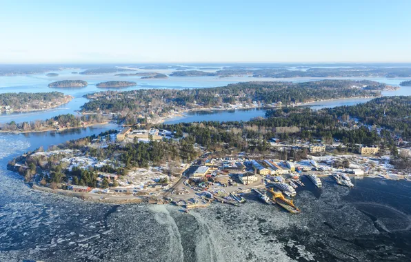Картинка зима, природа, город, озеро, фото, остров, Швеция