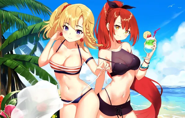Beach, boobs, breast, anime, redhead, tits, blonde, bikini