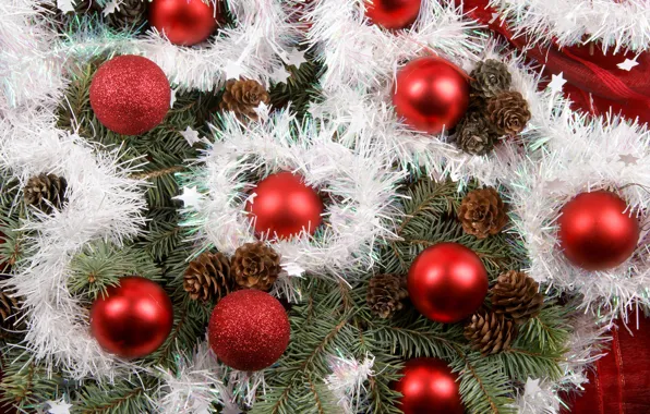 Картинка шары, игрушки, елка, шишки, праздник. рождество