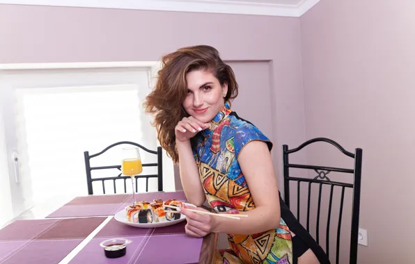 Brown hair, model, sushi, sexy woman, table, photoshoot, posing, eating
