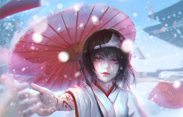 Девушка, зонтик, рука, кимоно, диадема