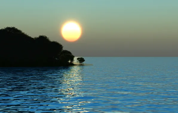 Картинка море, солнце, деревья, восход, берег, утро