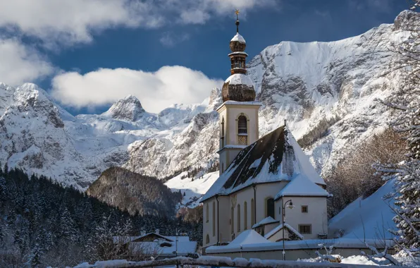 Картинка снег, горы, Германия, церковь, Ramsau, St. Sebastian church
