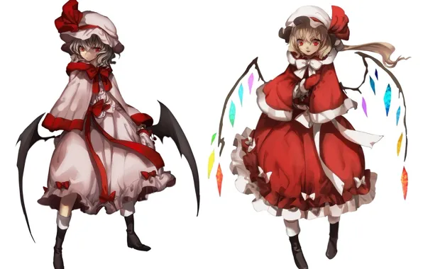Крылья, ботинки, белый фон, бант, чепчик, сестры, touhou, art