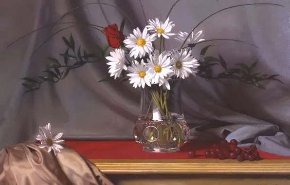 Картинка цветы, ягоды, стол, роза, ромашки, картина, шелк, арт
