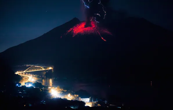 Картинка город, огонь, стихия, вулкан, извержение, лава, Сакурадзима
