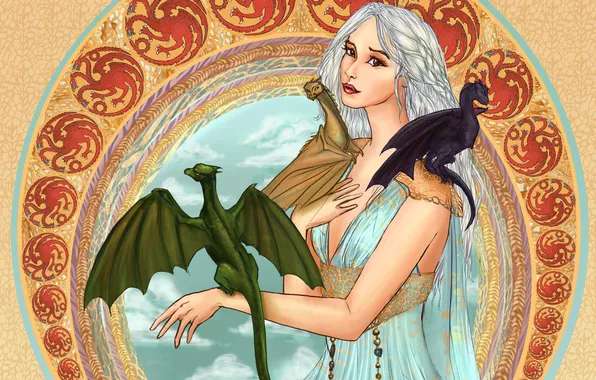 Взгляд, украшения, лицо, голубое, платье, живопись, Daenerys Targaryen, игры престолов