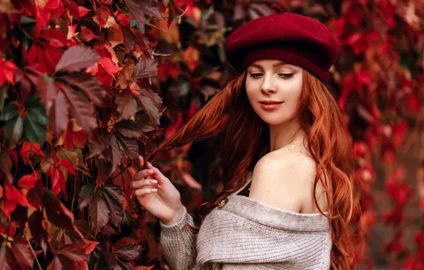 Листья, девушка, поза, волосы, рука, портрет, рыжая, рыжеволосая