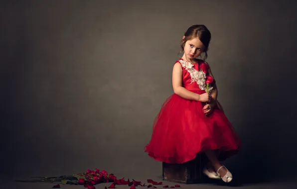 Картинка цветы, фон, настроение, роза, лепестки, девочка, красное платье