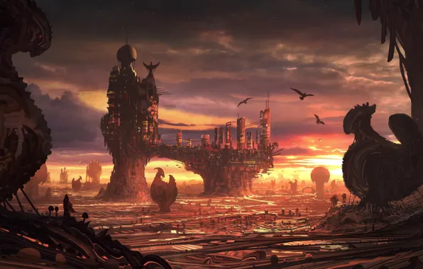 Город, Птицы, Мир, City, Fantasy, Арт, Art, Фантастика