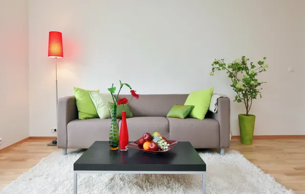 Картинка цветок, комната, диван, подушки, светильник, фрукты, столик, вазы