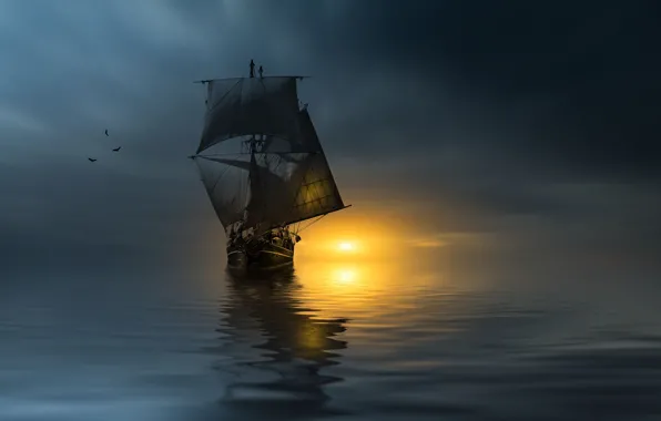 Закат, птицы, океан, корабль, паруса, photographer, Christian Wig