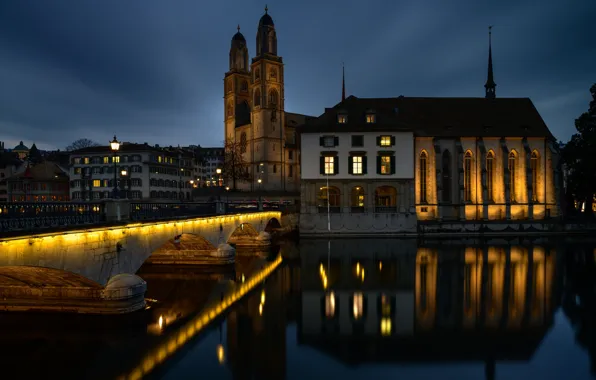 Картинка огни, вечер, Швейцария, Цюрих, River Limmat, Bridge Münsterbrücke