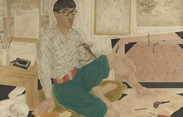 Картинка кот, бумага, шелк, акварель, картины, 1932, Цугухару, Фудзита