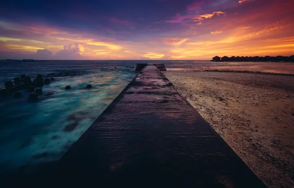 Картинка океан, рассвет, берег, пристань, пирс, Мальдивы