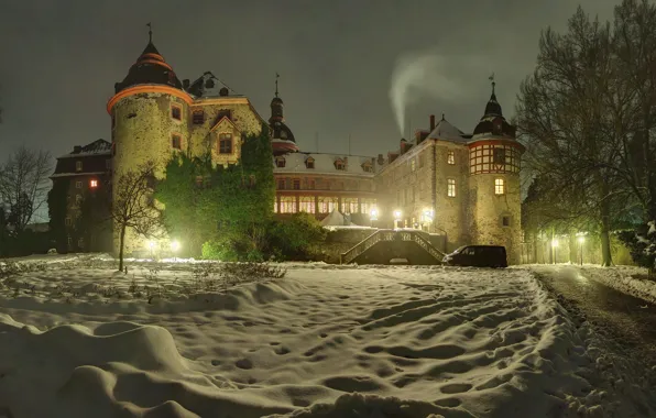 Картинка зима, снег, деревья, ночь, огни, замок, Германия, фонари