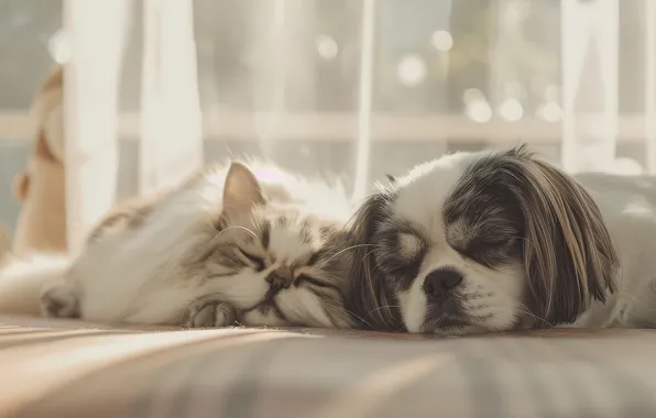 Кошка, кот, цветы, поза, собака, парочка, мордашки, ИИ-арт
