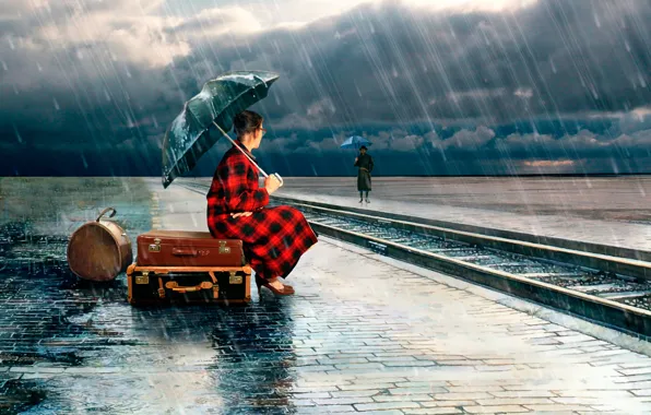 Картинка девушка, зонт, ливень, чемоданы, Jenny de Groot