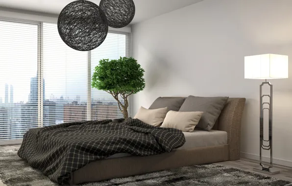Дизайн, комната, дерево, окна, куст, лампа, кровать, ковёр
