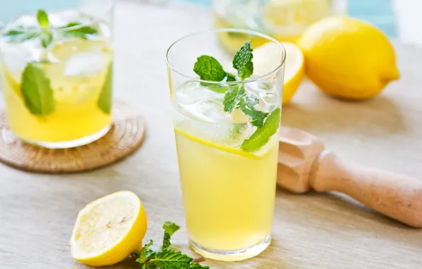 Стакан, лимон, напиток, мята, лимонад
